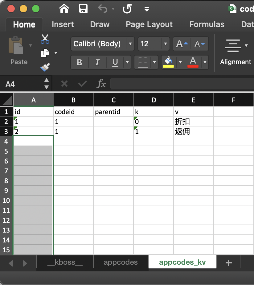 specify table appcodes_kv